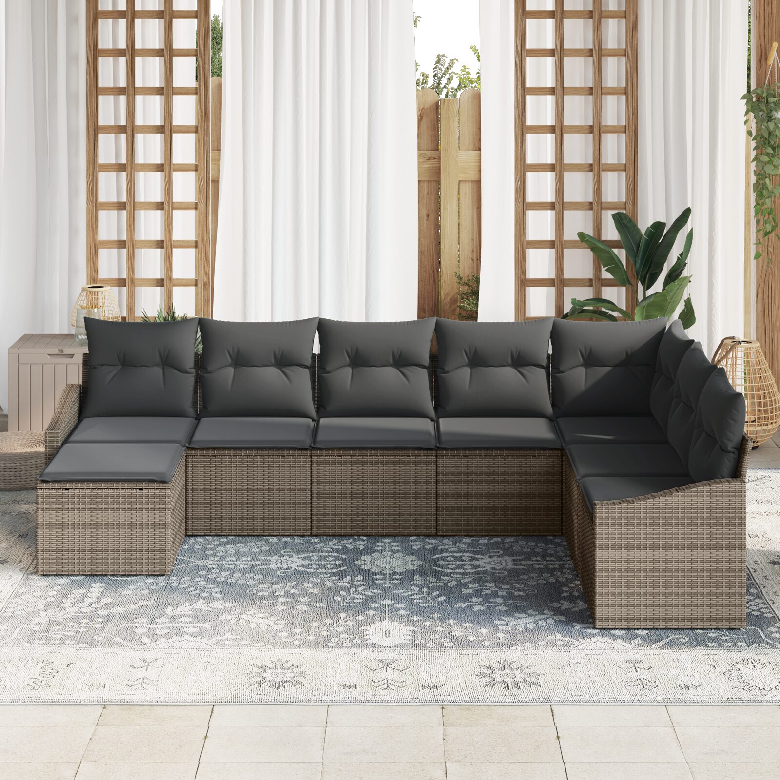 Set da Giardino da 8 Pezzi con Cuscini Grigio in Polyrattan - immagine 3