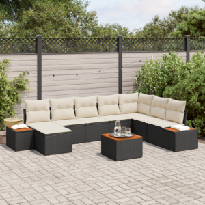 Set divano da giardino 9 pezzi con cuscini in polyrattan nero e acacia