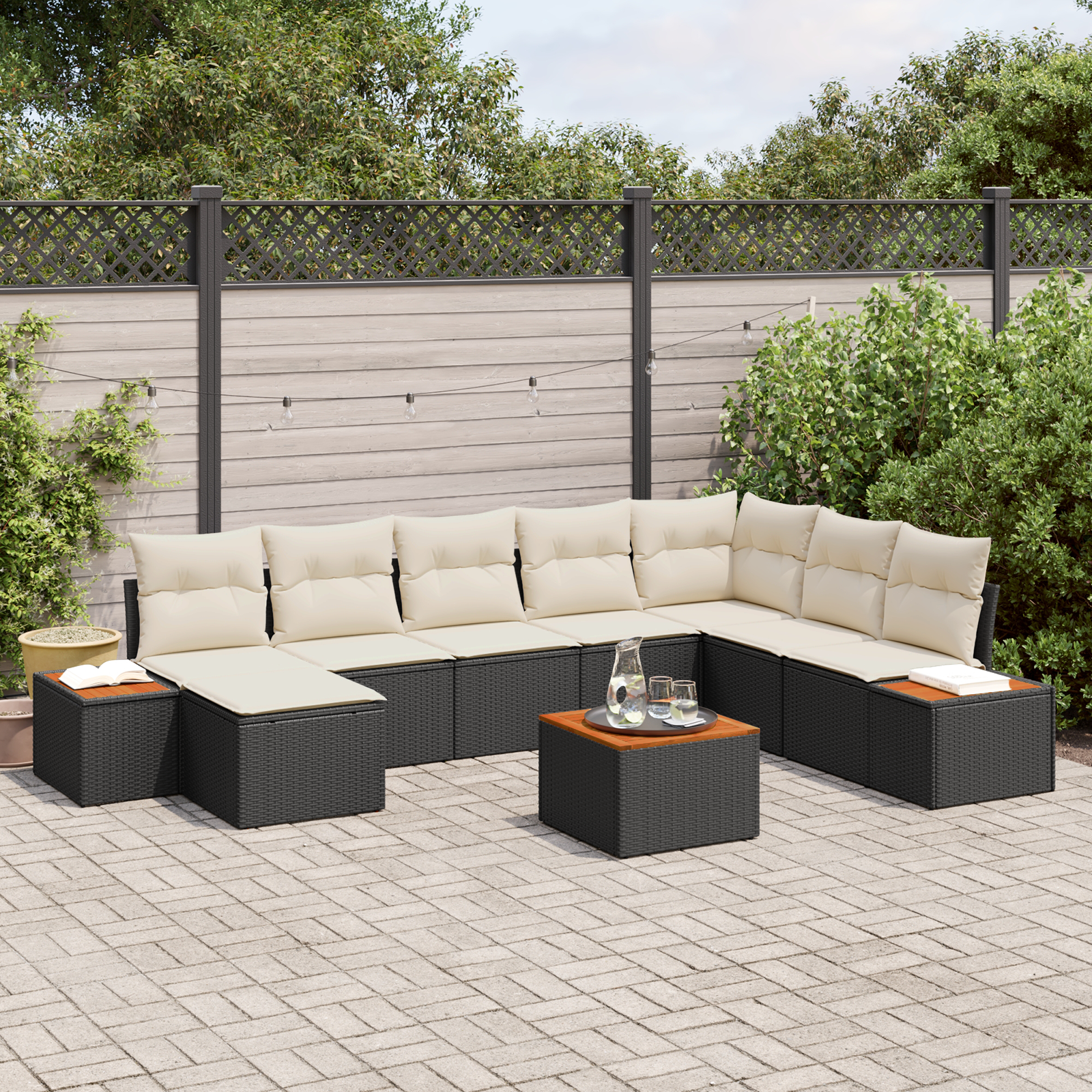 Set divano da giardino 9 pezzi con cuscini in polyrattan nero e acacia