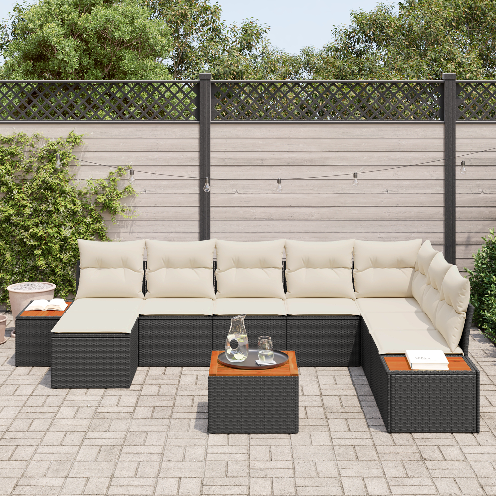 Set divano da giardino 9 pezzi con cuscini in polyrattan nero e acacia - immagine 3