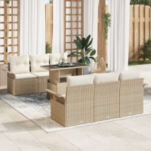 Set Divano Giardino 7 Pezzi con Cuscini Beige in Poly Rattan