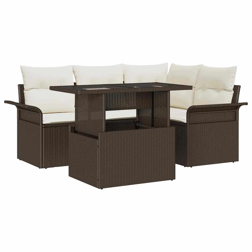 Set Divano da Giardino 5 Pezzi con Cuscini Marrone in Polyrattan