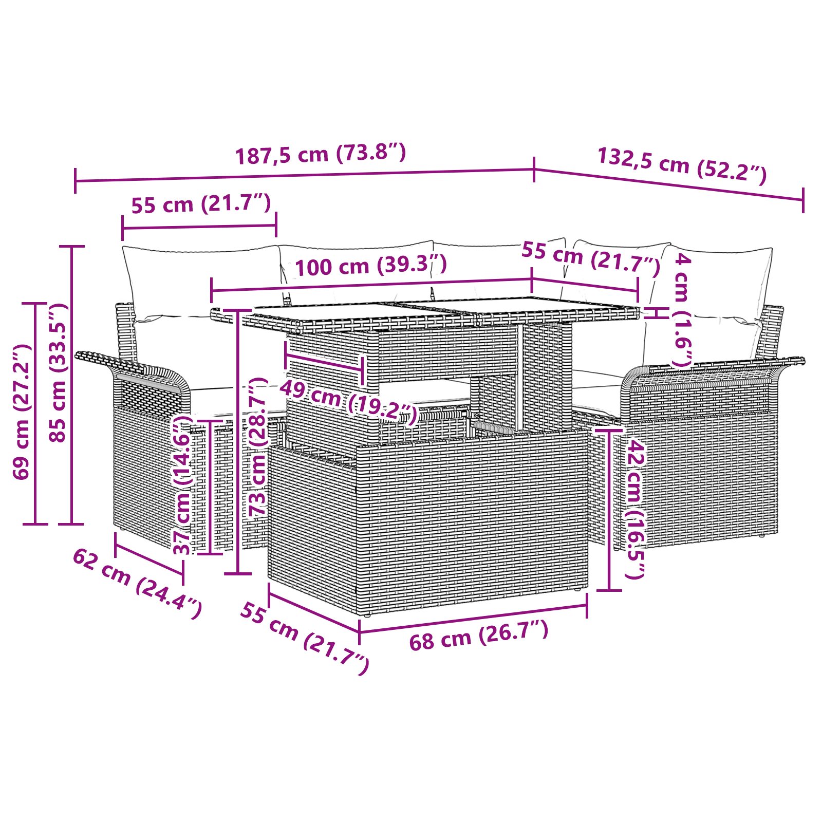 Set Divano da Giardino 5 Pezzi con Cuscini Marrone in Polyrattan - immagine 9