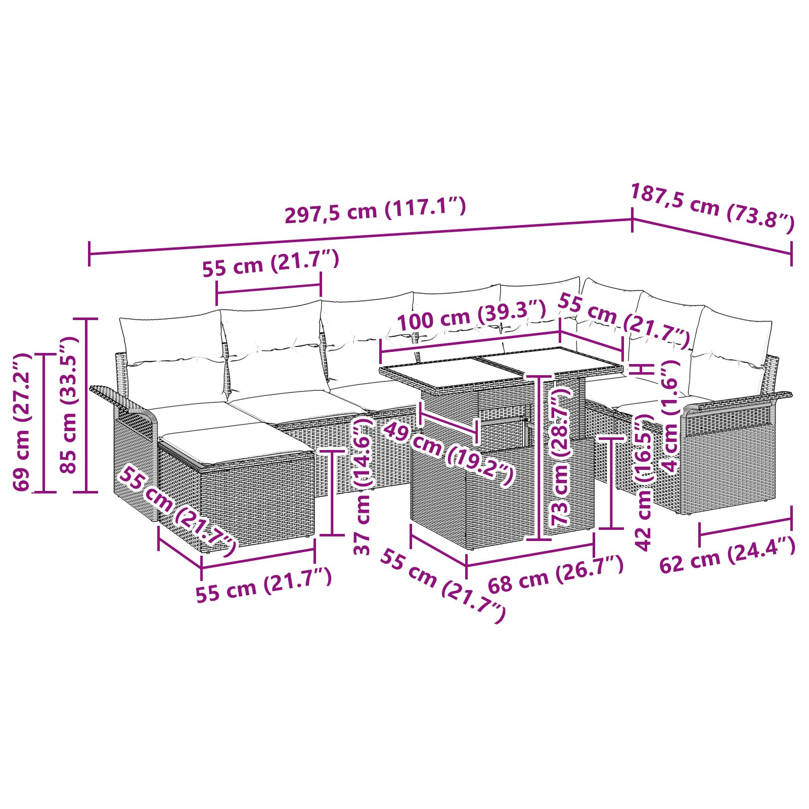 Set Divano Giardino 9 Pezzi con Cuscini Beige Rattan Polietilene - immagine 3