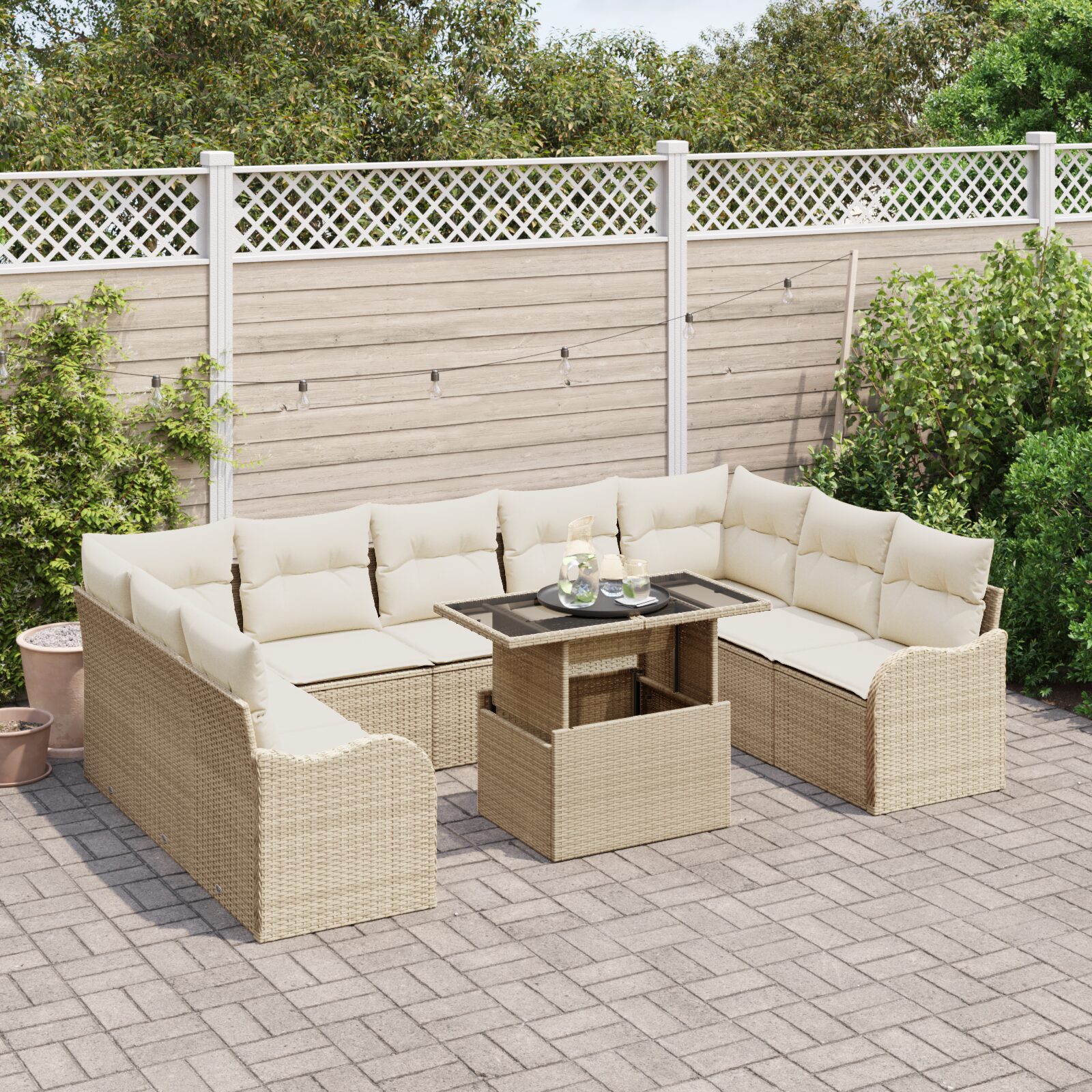 Set di divani da giardino 10 pezzi con cuscini beige in rattan polietilene - immagine 3
