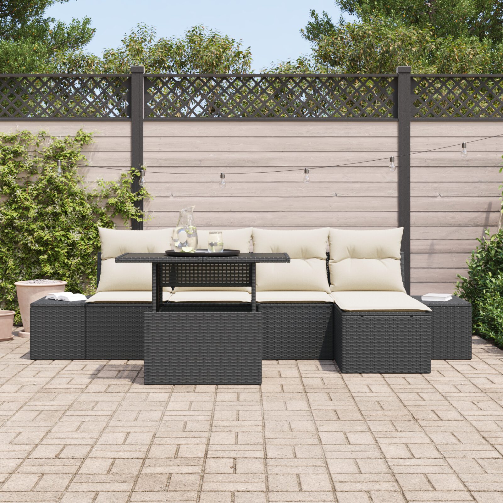 Set di divani da giardino 6 pezzi con cuscini in polirattan nero - immagine 3