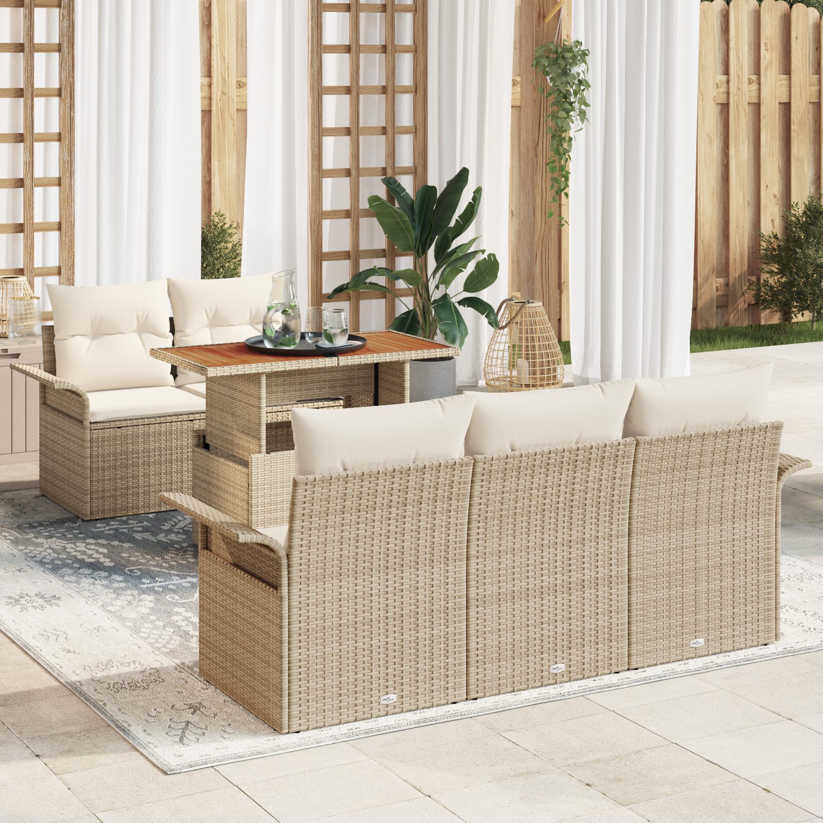 Set Divano da Giardino in 6 Pezzi con Cuscini Beige Polyrattan