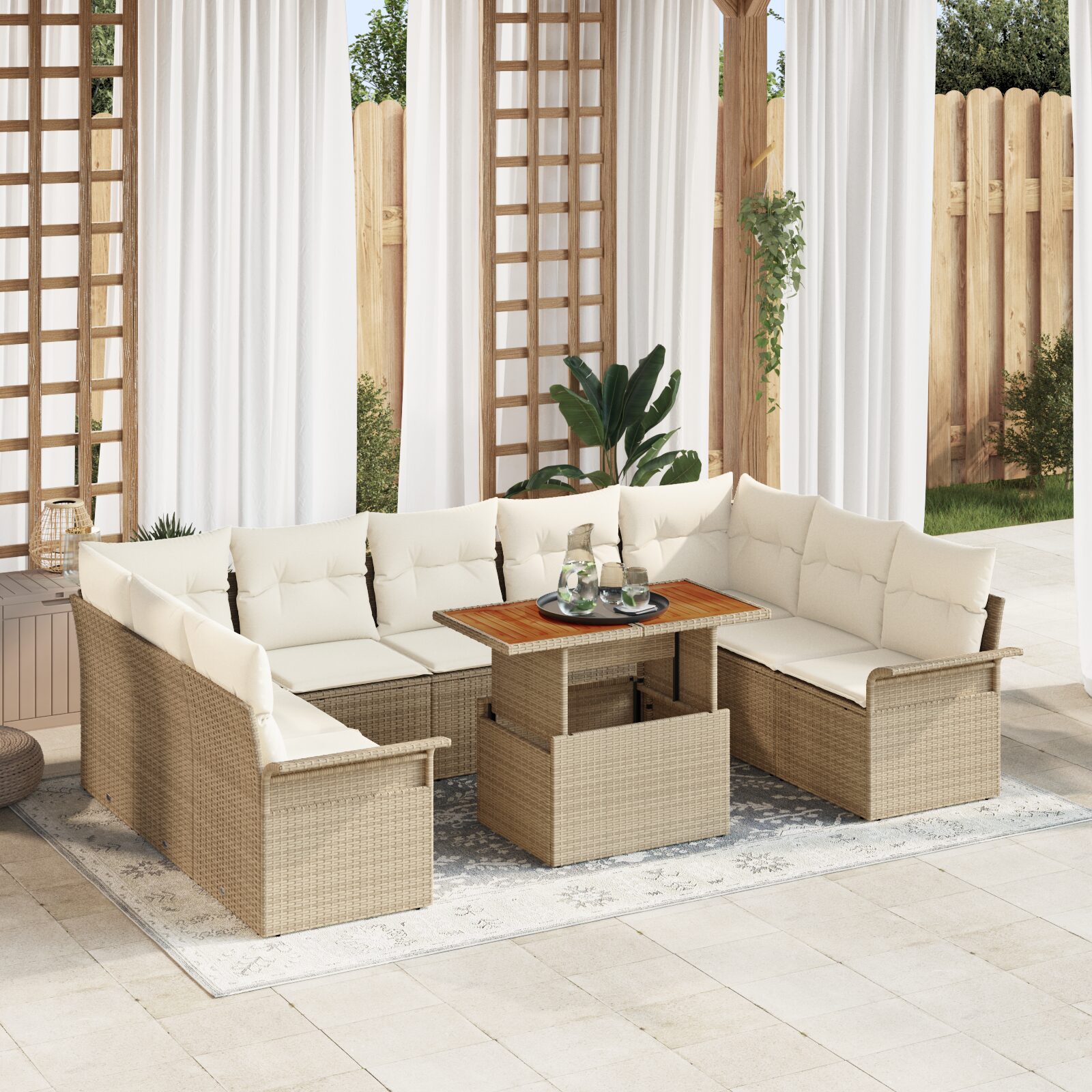 Set Divano da Giardino 10 Pezzi con Cuscini Rattan Policarbonet Beige