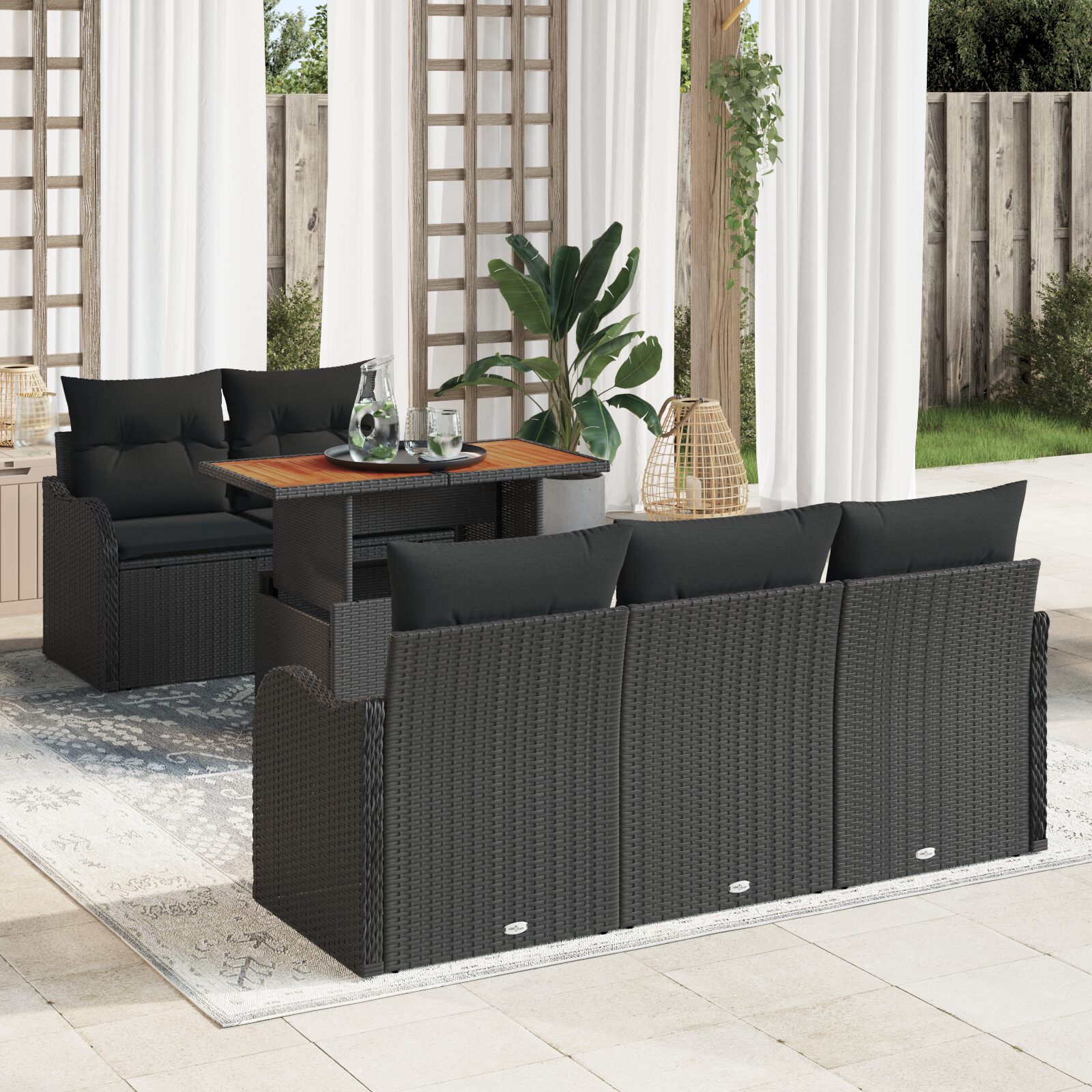 Set Divano da Giardino 6 Pezzi con Cuscini Nero Rattan Polietilene