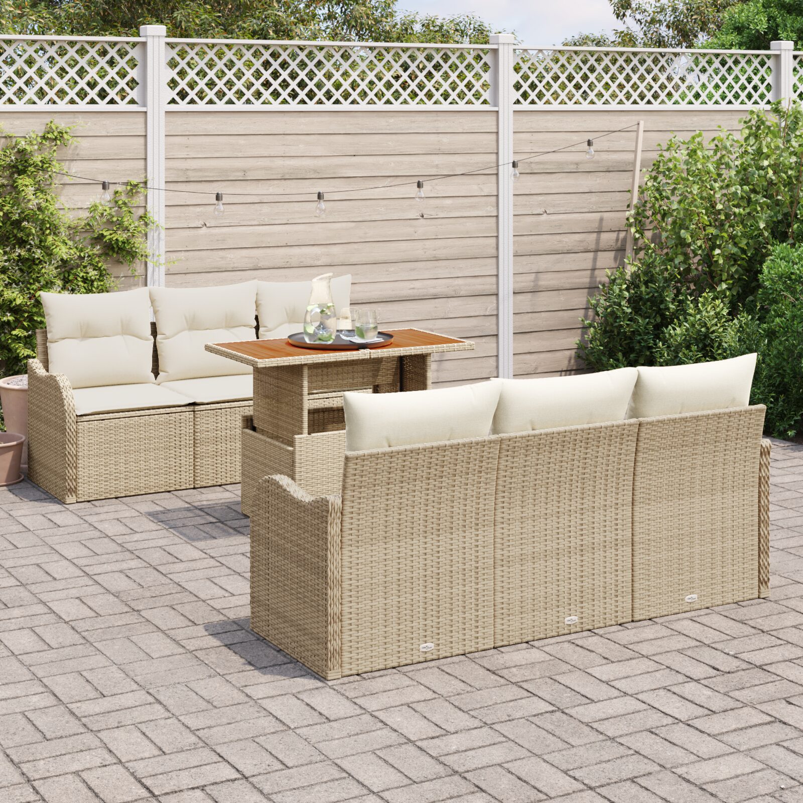 Set di divani da giardino da 7 pezzi con cuscini beige in polyrattan - immagine 3
