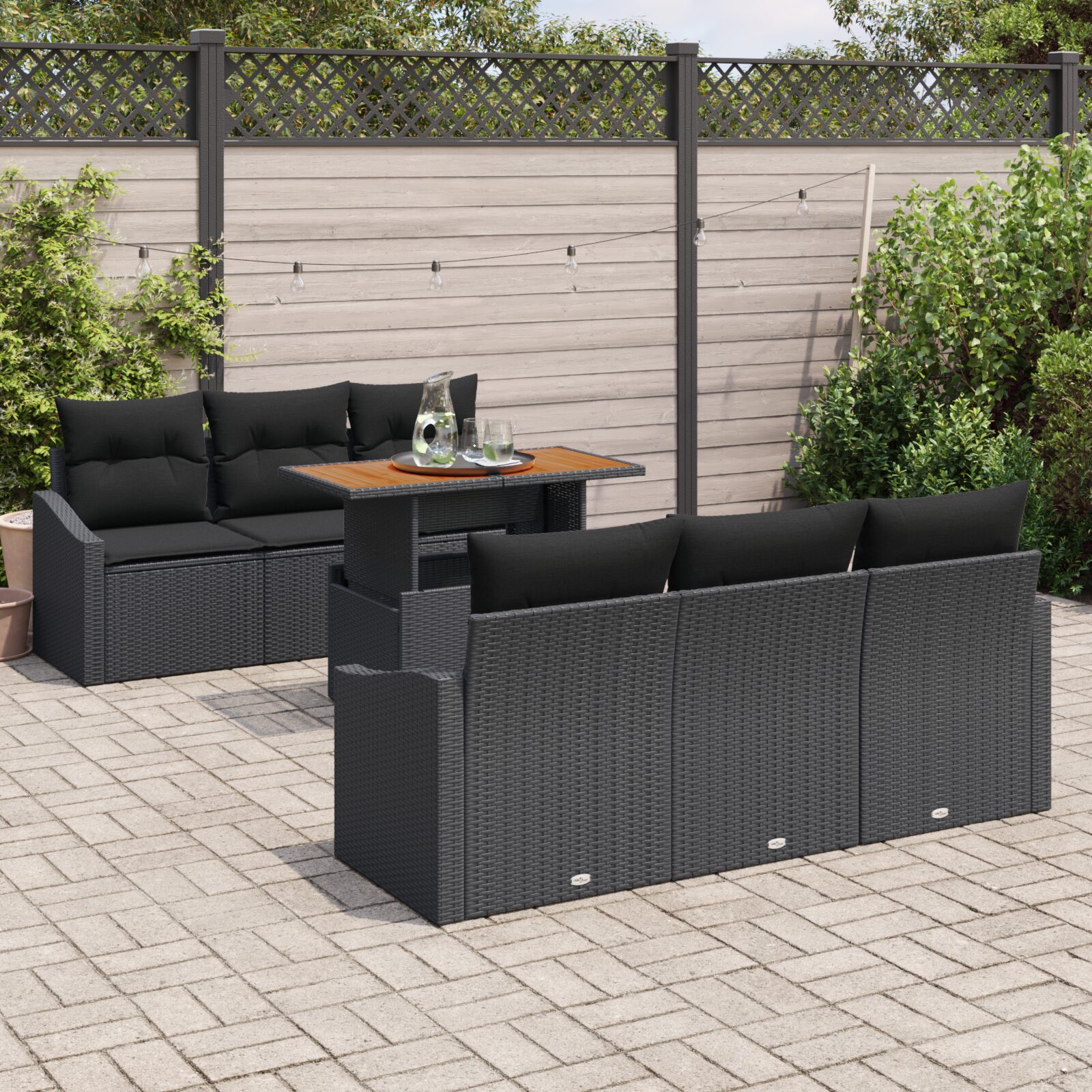 Set da giardino 7 pezzi con cuscini in polyrattan nero - immagine 3