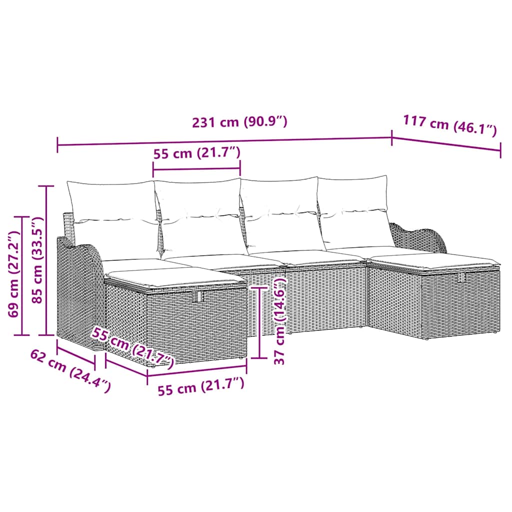 Set Divano da Giardino 6 pcs Nero e crema 231 x 117 x 85 cm - immagine 9