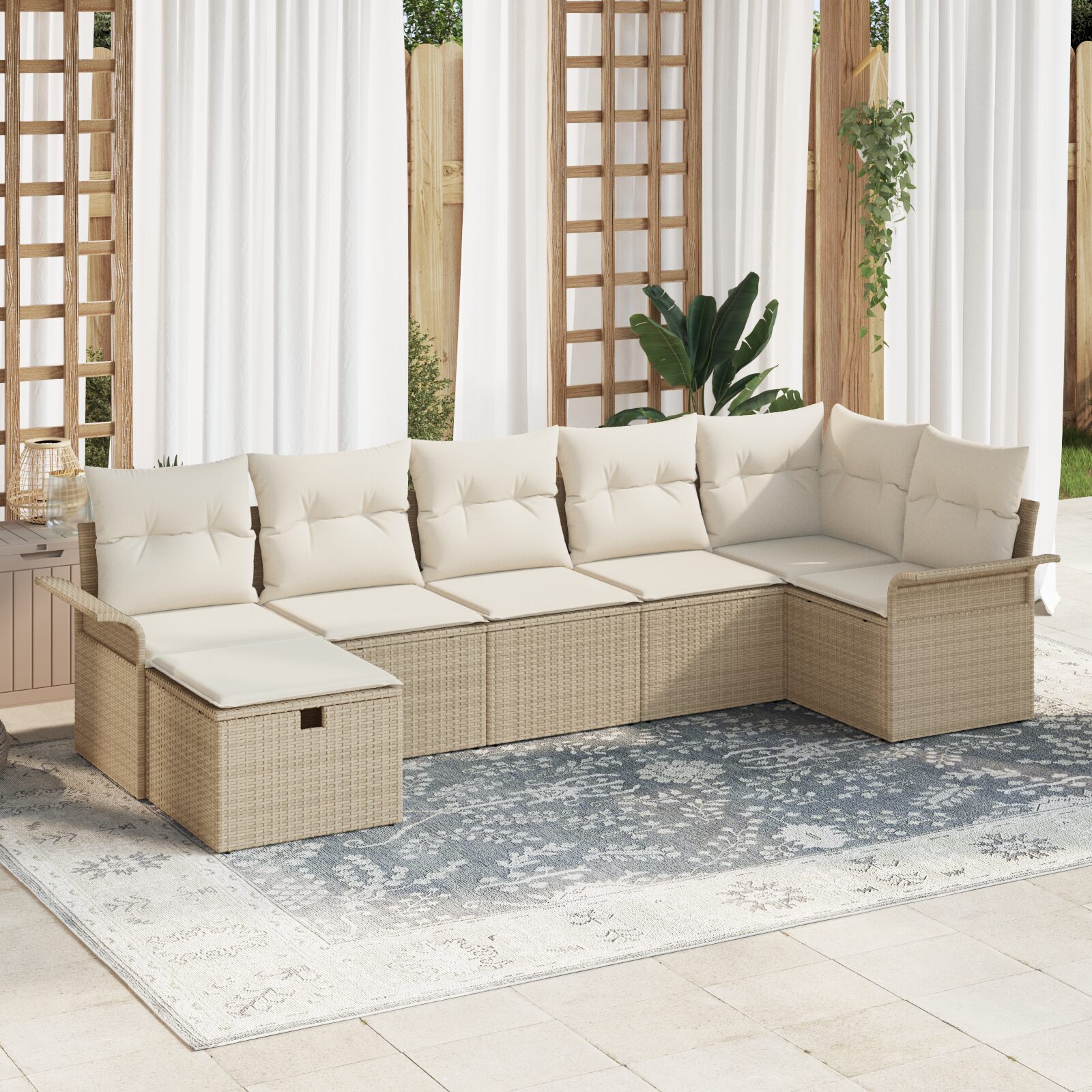 Set Divano da Giardino da 7 Pezzi con Cuscini Beige in Rattan Sintetico