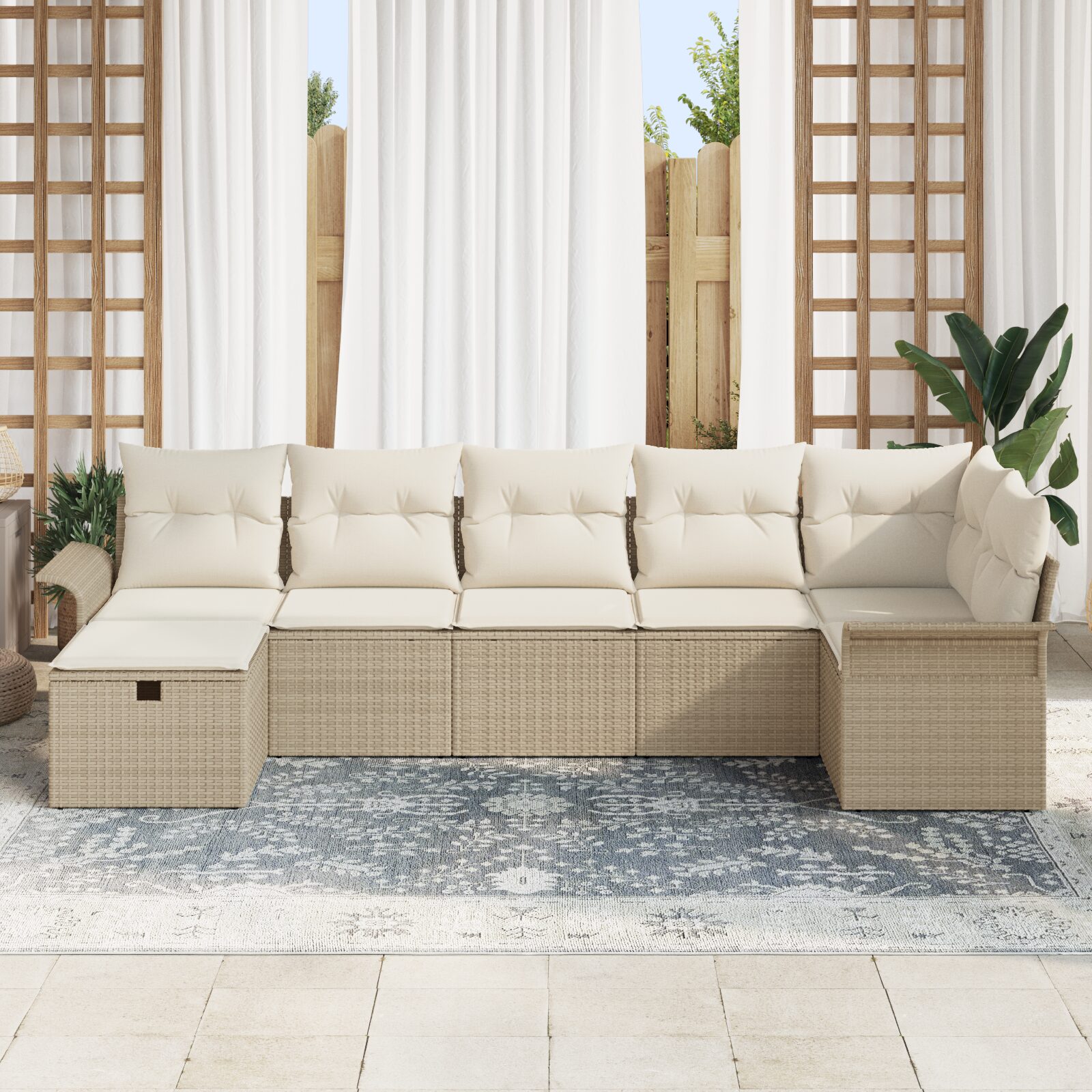 Set Divano da Giardino da 7 Pezzi con Cuscini Beige in Rattan Sintetico - immagine 3