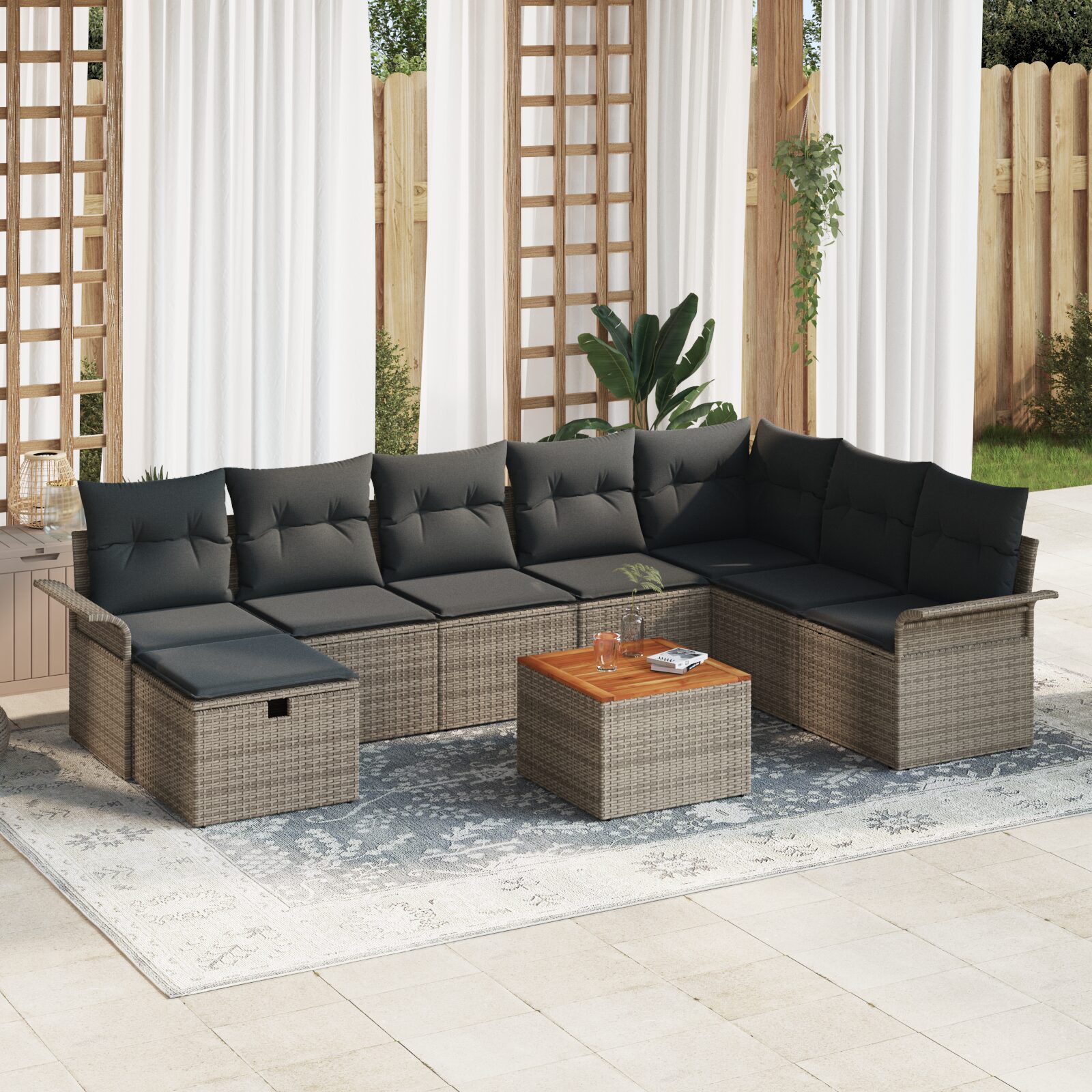 Set di Divani da Giardino 9 Pezzi con Cuscini Grigio Polyrattan