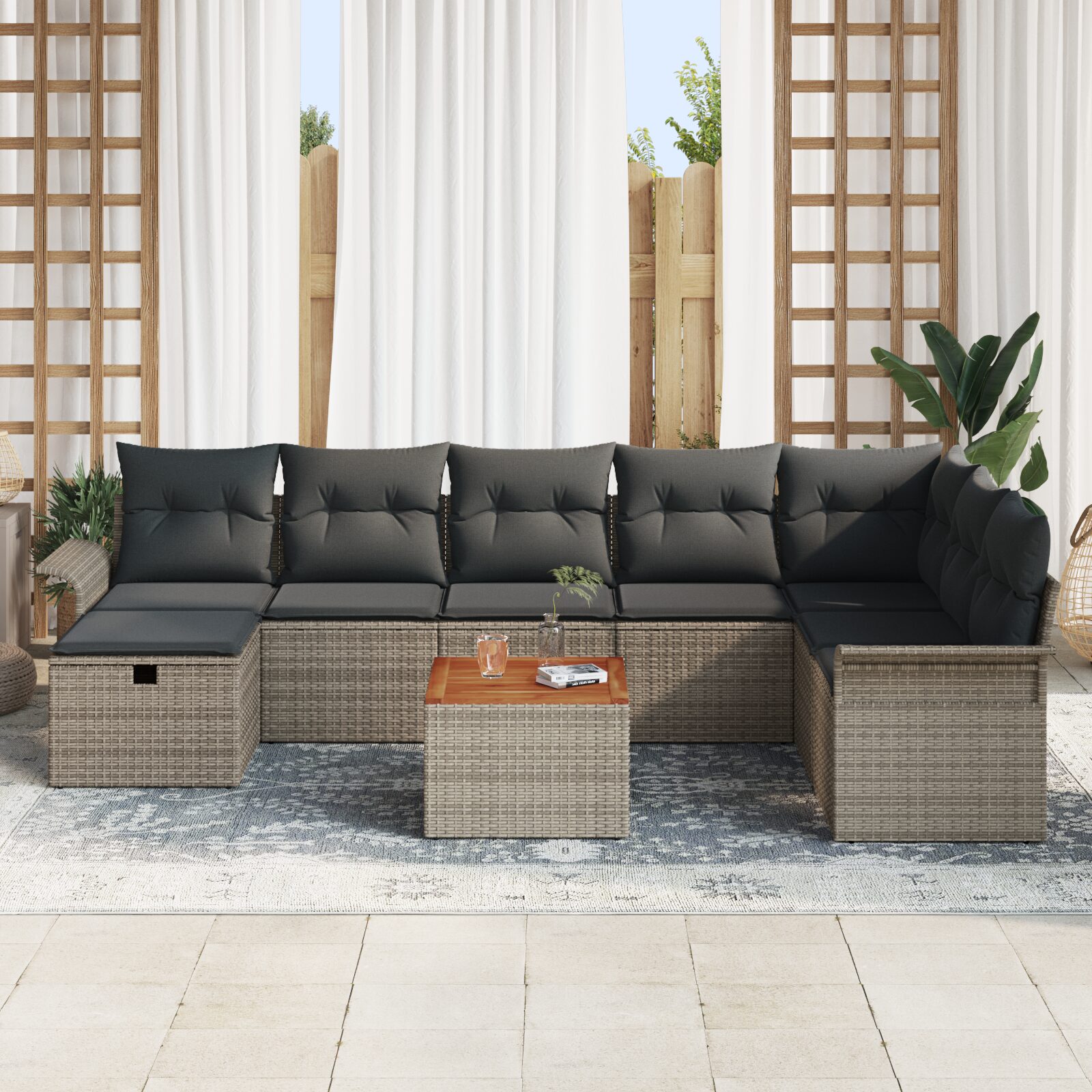 Set di Divani da Giardino 9 Pezzi con Cuscini Grigio Polyrattan - immagine 3