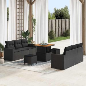 Set di divani da giardino 9 pezzi con cuscini in polyrattan nero e legno di acacia