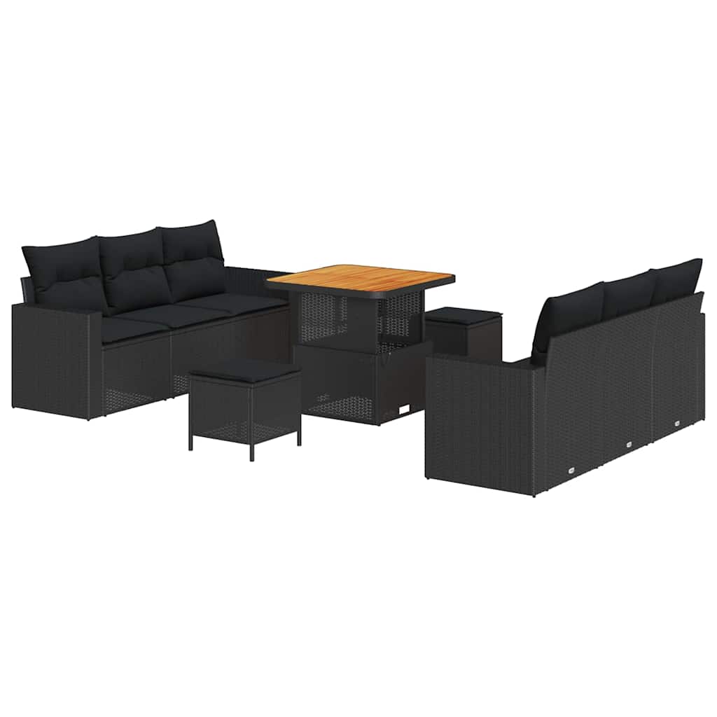 Set di divani da giardino 9 pezzi con cuscini in polyrattan nero e legno di acacia - immagine 2
