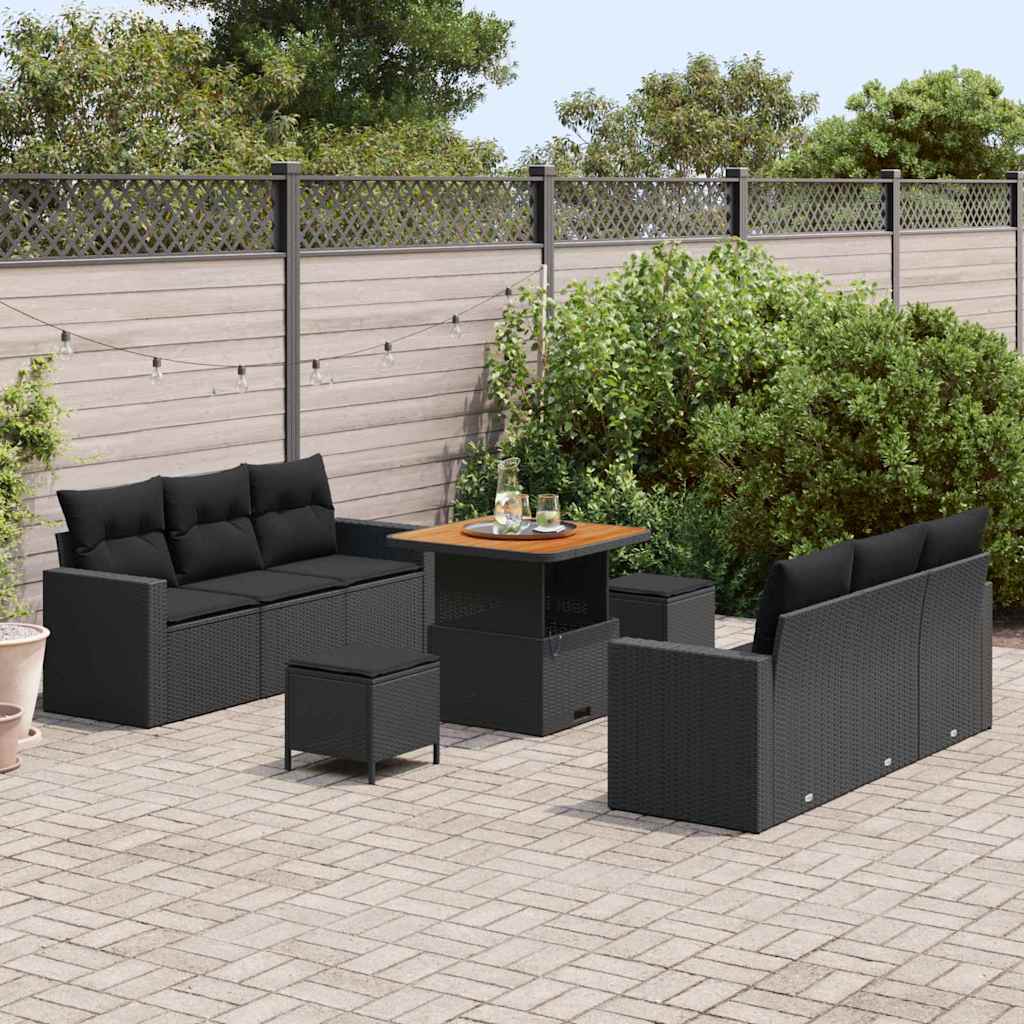 Set di divani da giardino 9 pezzi con cuscini in polyrattan nero e legno di acacia - immagine 3