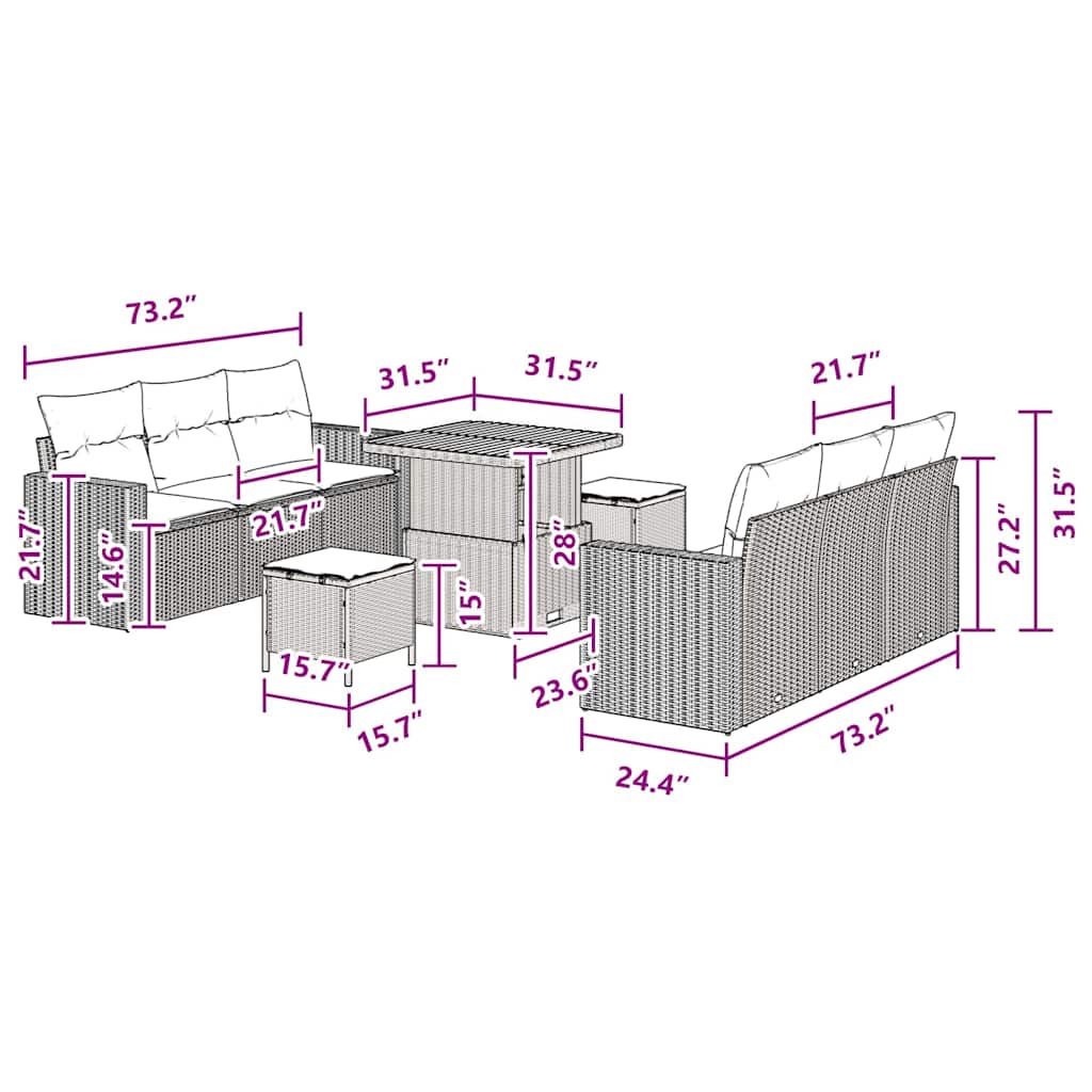 Set di divani da giardino 9 pezzi con cuscini in polyrattan nero e legno di acacia - immagine 9
