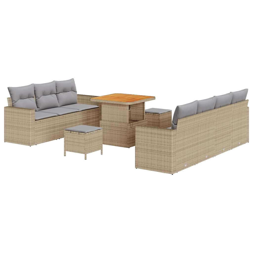Set Divano da Giardino 10 Pezzi con Cuscini Beige Polyrattan Acacia - immagine 2