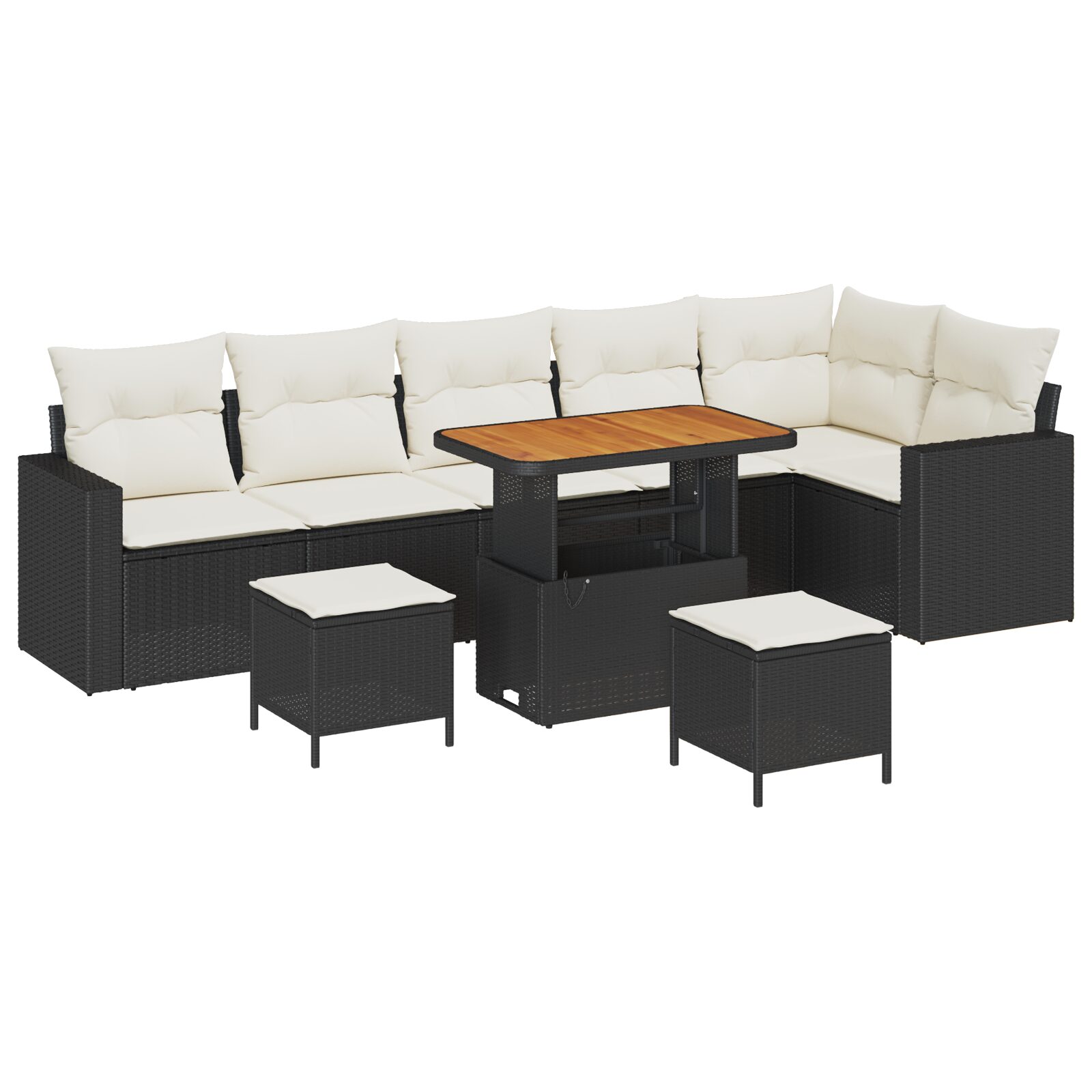 Set di divani da giardino 9 pezzi con cuscini Nero Polyrattan Acacia - immagine 2