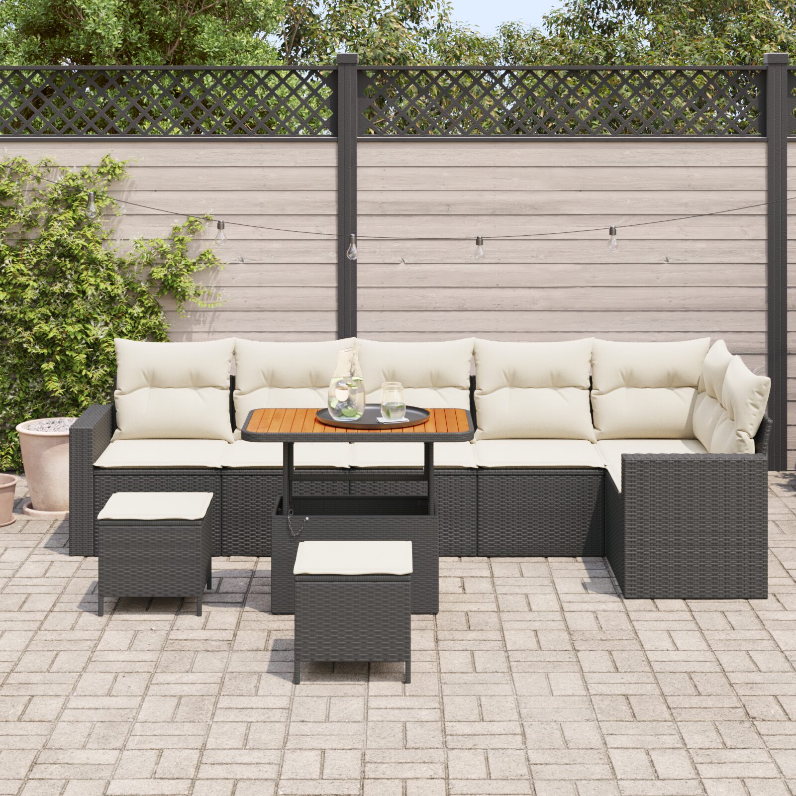 Set di divani da giardino 9 pezzi con cuscini Nero Polyrattan Acacia - immagine 3