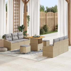 Set di divani da giardino 9 pezzi con cuscini Beige Polirattan Acacia