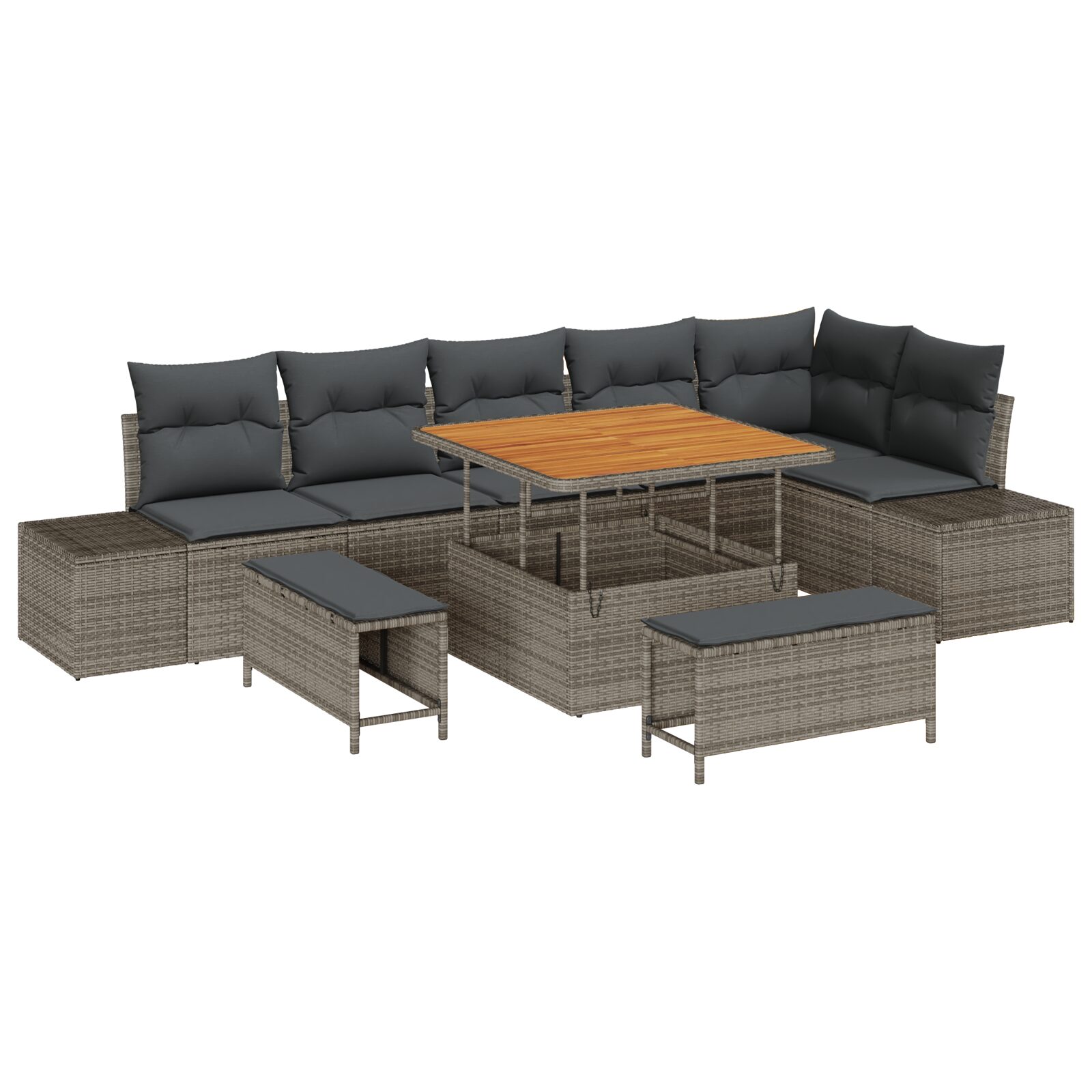 Set Divano da Giardino 9 Pezzi con Cuscini Polyrattan Grigio Acacia - immagine 2