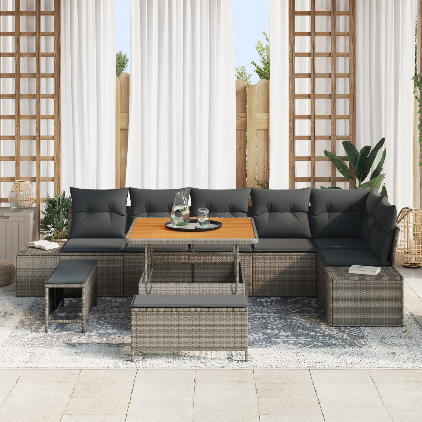 Set Divano da Giardino 9 Pezzi con Cuscini Polyrattan Grigio Acacia - immagine 3