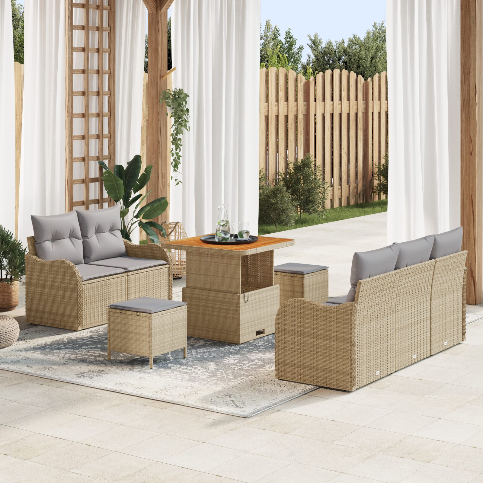 Set Divano Giardino 8 Pezzi con Cuscini Beige Rattan Polipropilene Acacia