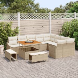 Set 12 Pezzi Divani Giardino con Cuscini Rattan Beige Poliestere Acacia