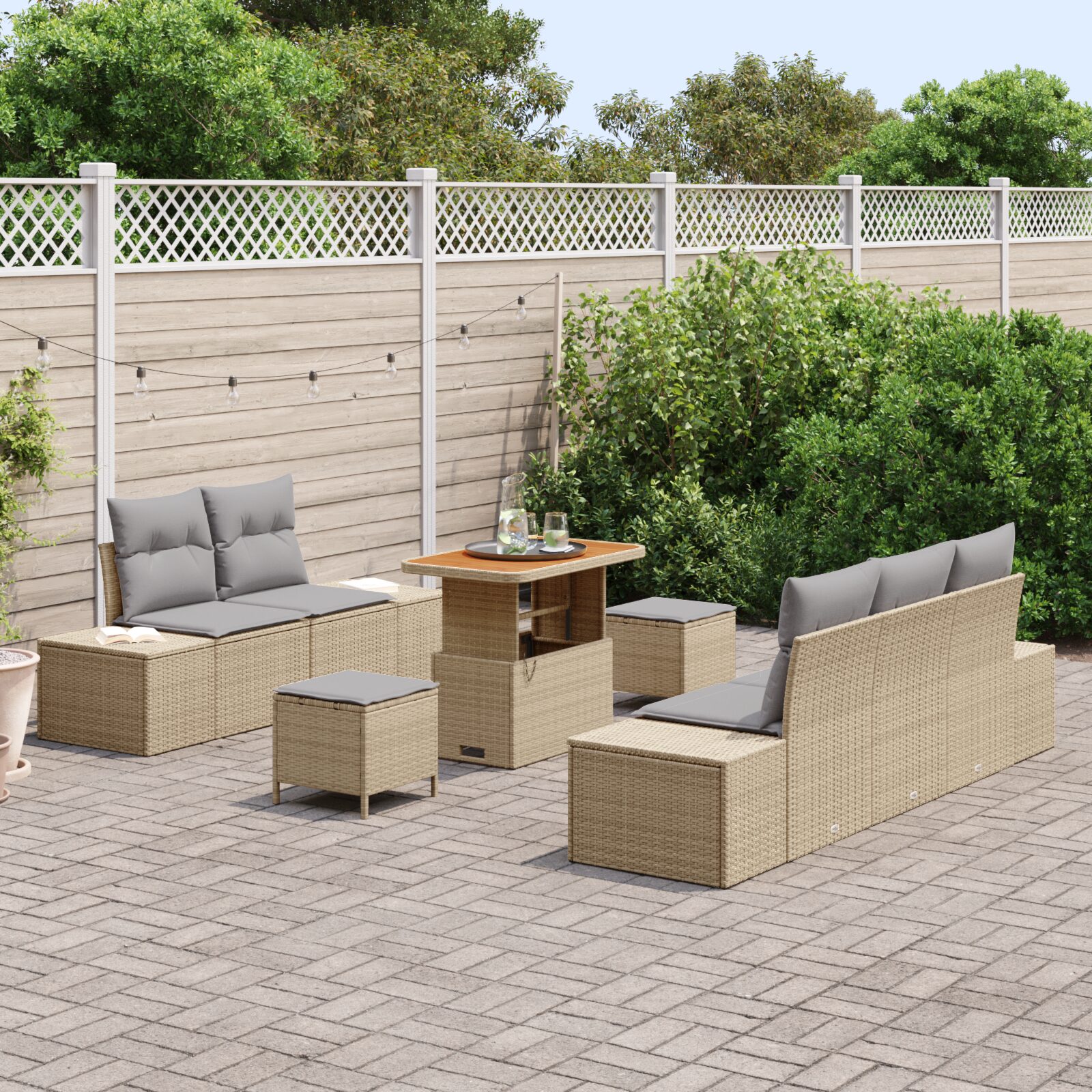 Set Divano da Giardino 8 Pezzi con Cuscini Beige Polyrattan Acacia - immagine 3