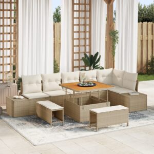 Set Divano da Giardino 9 Pezzi con Cuscini in Polyrattan Beige Acacia
