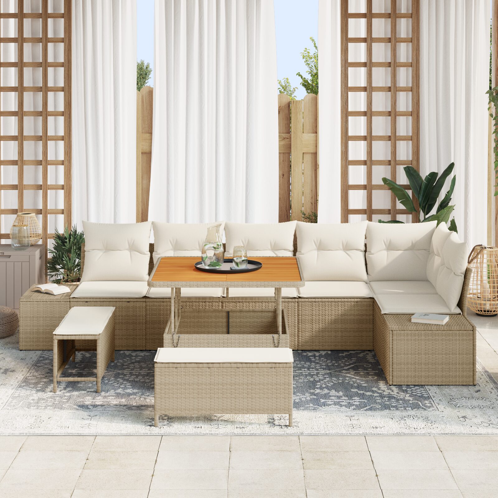 Set Divano da Giardino 9 Pezzi con Cuscini in Polyrattan Beige Acacia - immagine 3