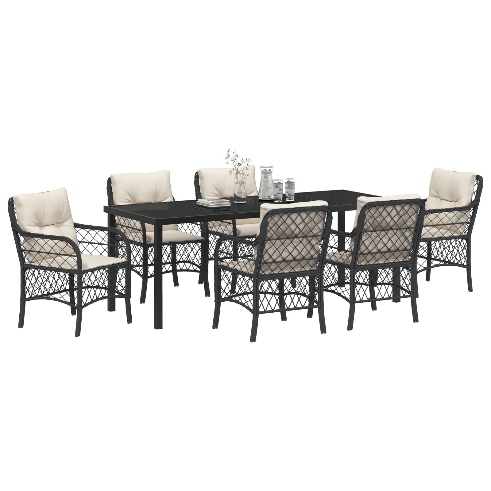 Set Pranzo Giardino 7 Pezzi con Cuscini Rattan Nero - immagine 3