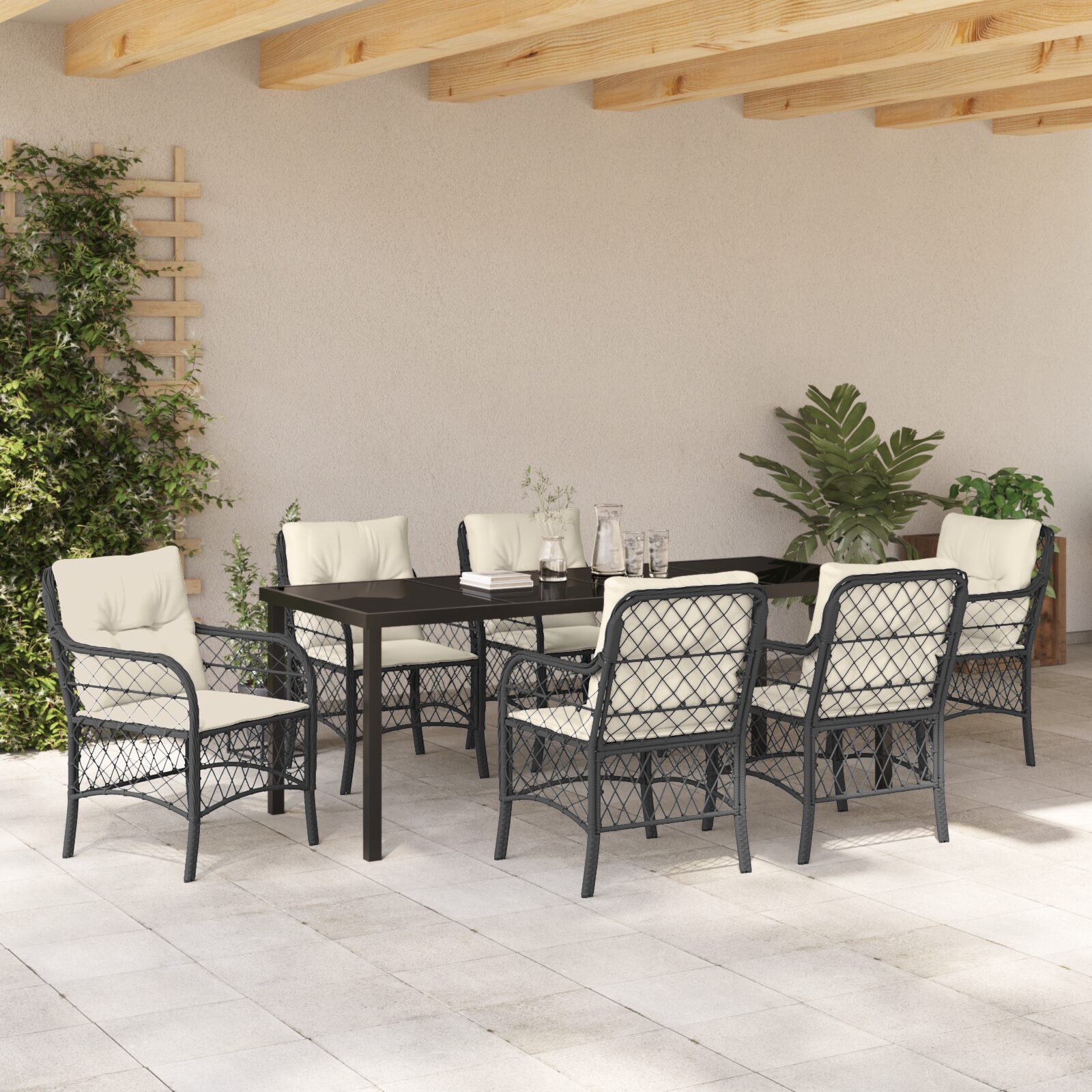 Set Pranzo Giardino 7 Pezzi con Cuscini Rattan Nero - immagine 4
