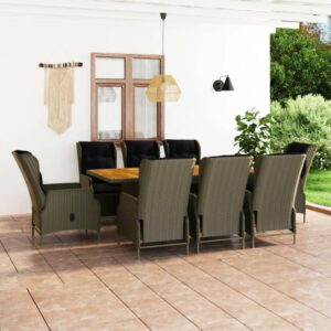 Set da Pranzo Giardino 9 pz con Cuscini Polyrattan Grigio Scuro
