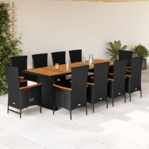 Set da Pranzo da Giardino 11 pz con Cuscini in Polyrattan Nero