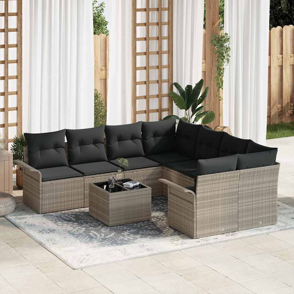 Set Divano da Giardino 9 pcs Grigio chiaro Poly Rattan