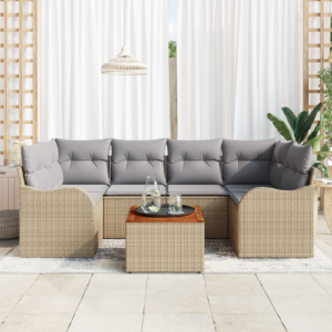 Set di Sofà da Giardino con Cuscini 7 Pezzi Beige Polyrattan Acacia