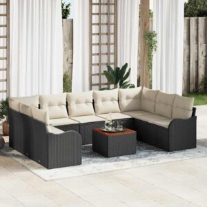 Set Divano da Giardino 10 Pezzi con Cuscini Nero Polyrattan Acacia