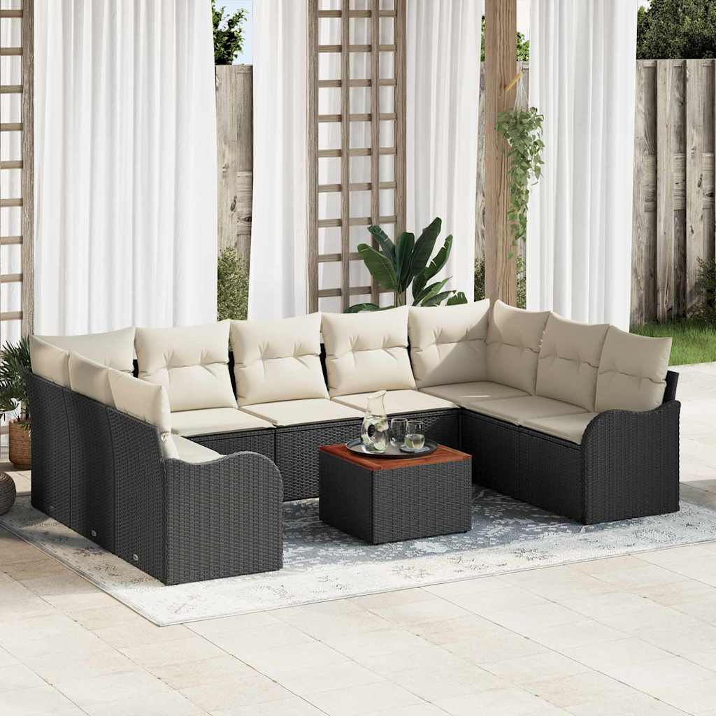 Set Divano da Giardino 10 Pezzi con Cuscini Nero Polyrattan Acacia