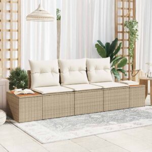 Set di Divani da Giardino 3 Pezzi con Cuscini Beige Rattan Polietilene Acacia