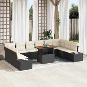 Set Divano da Giardino 11 pcs Nero e Crema 100 x 55 x 73 cm