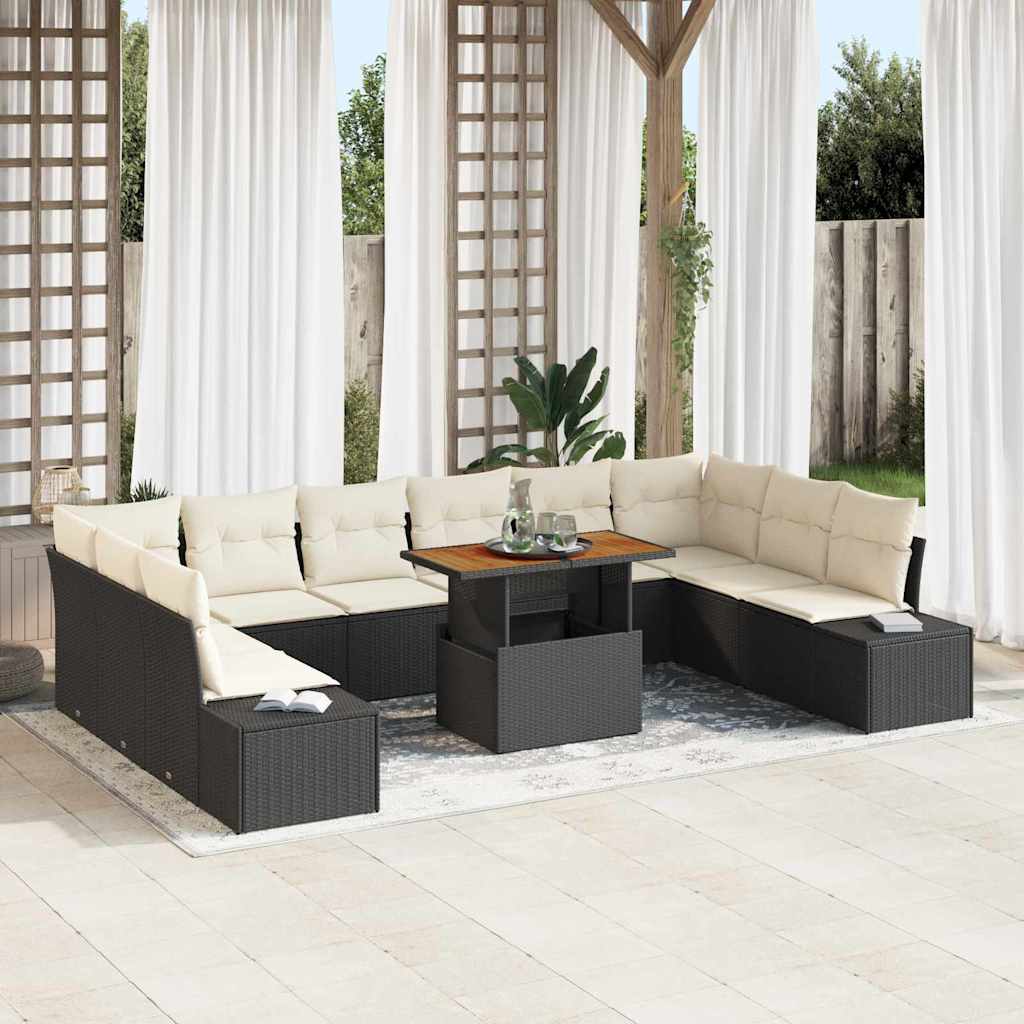 Set Divano da Giardino 11 pcs Nero e Crema 100 x 55 x 73 cm