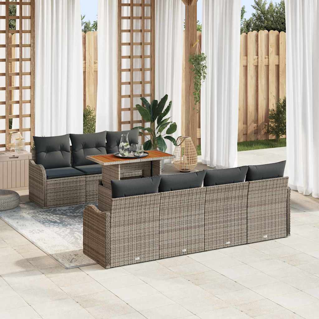 Set Divano da Giardino con 8 Pezzi e Cuscini Grigio Rattan Poliestere
