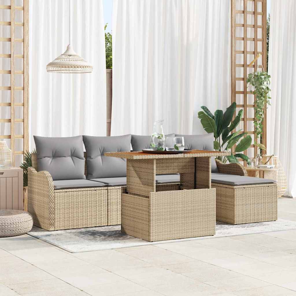 Set Divano da Giardino 6 Pezzi con Cuscini Beige Polyrattan