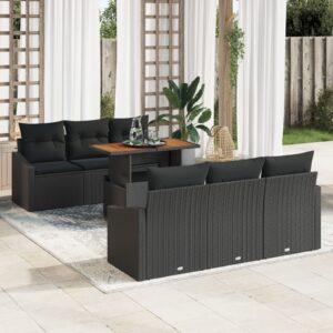 Set da giardino 7 pezzi con cuscini in polyrattan nero