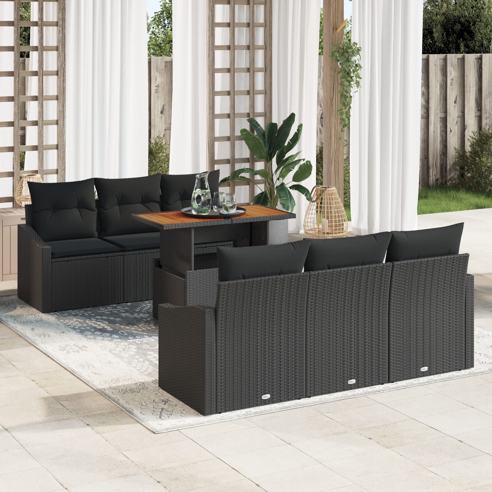 Set da giardino 7 pezzi con cuscini in polyrattan nero